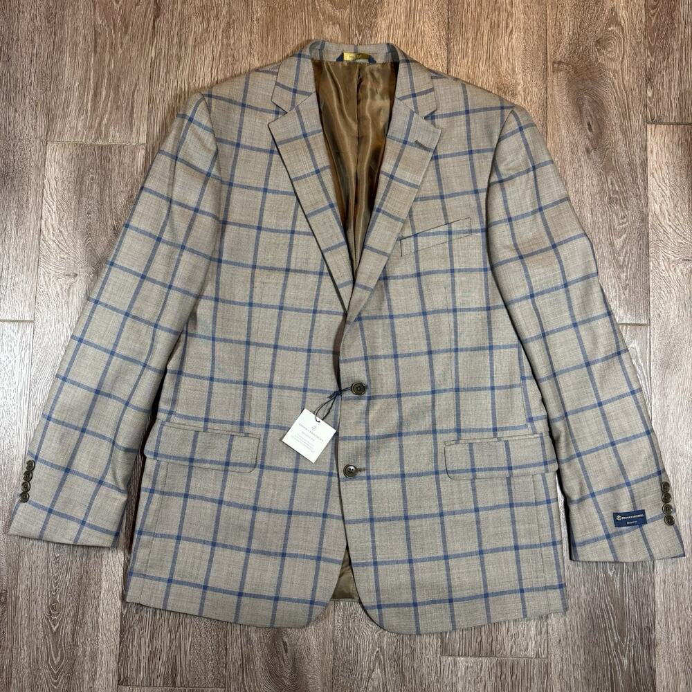 Brooks Brothers Blazer Mens 46L Tan Blue Plaid Windowpane Regent Fit Sport Coat